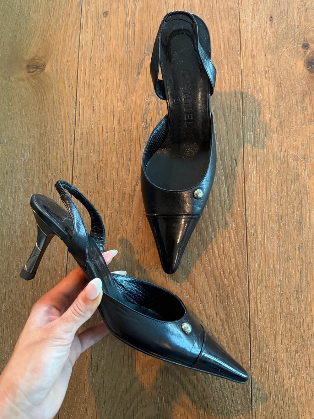 Vintage Chanel Cap Toe Kitten Heel Sling Backs